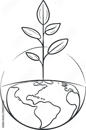 Black and white line drawing of a plant growing from the earth globe symbolizing environmental growth and sustainability