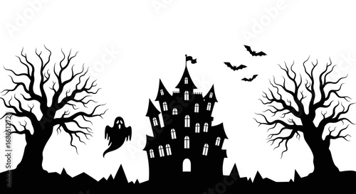 Spooky Halloween castle scene with bats and ghost, perfect for holiday promotions