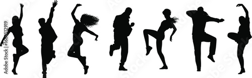 Silhouettes of people dancing energetically, jumping, joyful movement, dynamic poses, diverse individuals, celebration, isolated black figures on white background