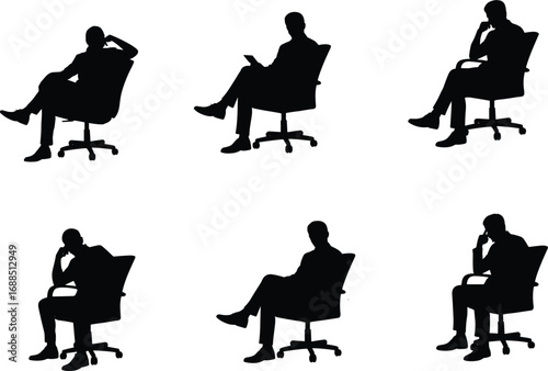 Silhouettes of men sitting on office chairs, thoughtful poses, relaxed, working, brainstorming, isolated black figures on white background