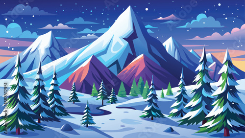 A serene holiday illustration of a snow-covered Christmas tree in a winter landscape with a starry night sky