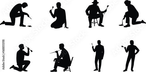 Silhouettes of archaeologists and researchers working with tools, digging, examining artifacts, kneeling, sitting, historical excavation and discovery