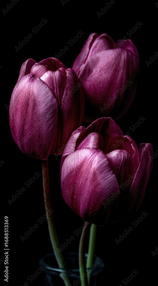 Fototapeta premium Three beautiful, deep-purple tulips in partial bloom are captured against a solid black background, creating a striking and elegant contrast