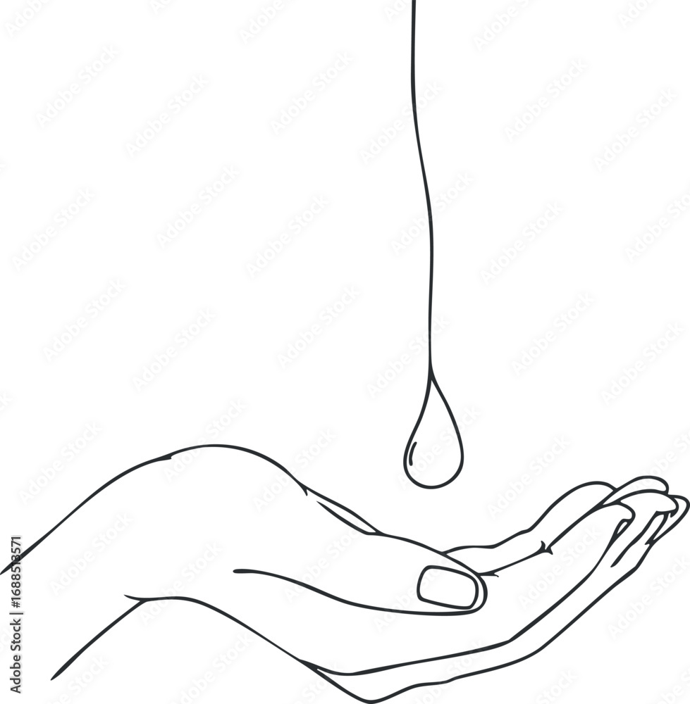 Obraz premium Outline drawing of an open hand catching a single drop of liquid falling from above on a white background.