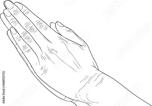 Black and white line drawing of two hands joined together in a praying gesture symbolizing faith and spirituality