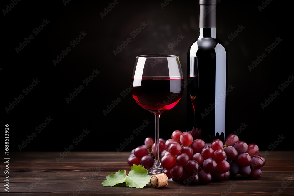 Fototapeta premium Bottle of red wine with a glass and grapes 