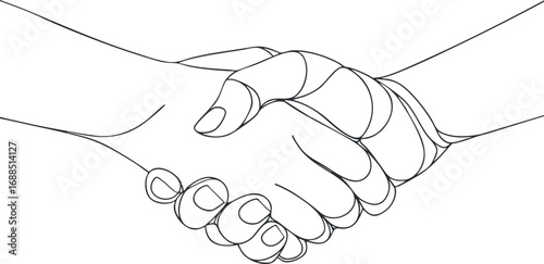 Line art illustration of two hands shaking symbolizing partnership, agreement, and trust.