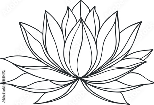 Black and white line art of a lotus flower with detailed petals symbolizing purity and meditation
