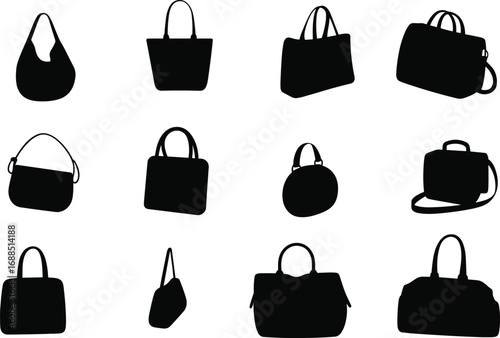 Set of women handbags silhouettes, fashion accessories collection, stylish purses vector, tote, shoulder, clutch bags, isolated icons pack