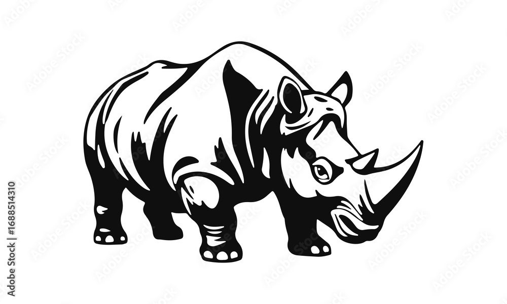 Obraz premium Rhino vector illustration, strong wild animal design, black and white rhinoceros graphic, safari beast logo, horned mammal art