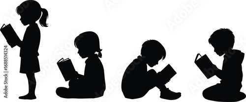 Silhouettes of children reading books, education concept, learning activity, kids study, isolated vector illustration, school, knowledge, childhood development