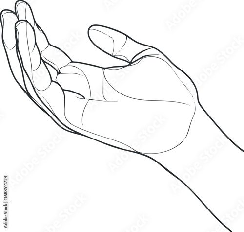 Line art drawing of an open human hand with palm facing up isolated on white background