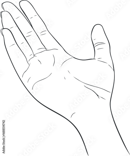 Line art illustration of an open human hand palm facing up with visible fingers and wrist