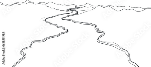 Black and white line drawing of a winding river flowing through a mountainous landscape with hills in the background