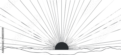 Black and white illustration of the sun rising or setting on the horizon with radiating sun rays and a silhouette landscape.