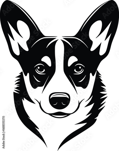 Cardigan Welsh Corgi head silhouette with large ears, short snout, and expressive eyes in vector