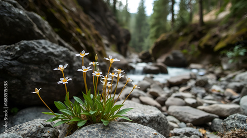 Closely shot riverine flowers growing among rocks in the forest near a mountain river
