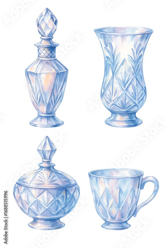 Vintage Crystal Theme Bundle 01—Perfume Bottle, Glass, Candy Dish, and Tea Cup. Design Element. Clip art. Suitable for artwork design. Editable for any design.