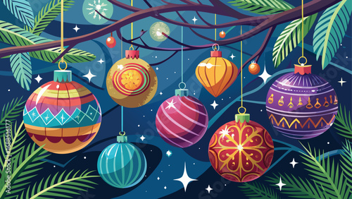 Festive glass ornaments and golden baubles decorate a Christmas tree branch, adding a touch of holiday celebration to the winter season