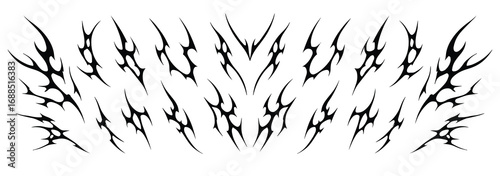 Neo tribal vector art pack. Y2k cyber sigil aesthetic tattoo, simmetric ethnic celtic shape. Vector illustration of emo gothic tribal tattoo designs, acid metal music poster