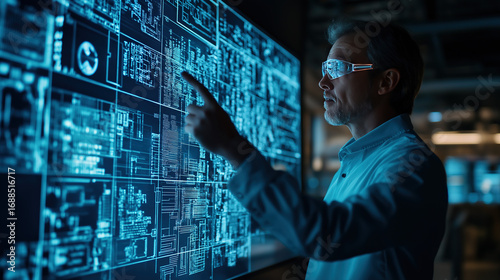 Tech professional operating high-tech display with complex data visualization interface, cutting-edge technology R&D and data analysis scene