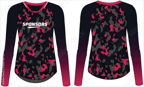 Women Long Sleeve Sports Jersey t-shirt design flat sketch illustration in camouflage pattern suitable for girls and Ladies for Volleyball jersey, Football, Soccer and netball. Sport uniform kit