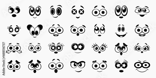 Collection of diverse cartoon eyes and mouths expressing a wide range of emotions and expressions