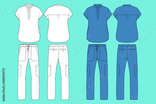 Women's Oversized Medical Scrub Colorway Set Fashion Flat Sketch Technical Drawing Outline.