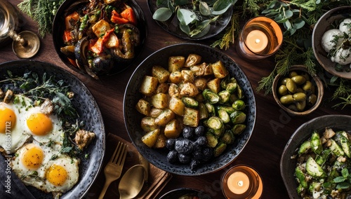 Festive brunch spread on a wooden table