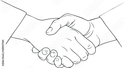 Black and white line drawing of two hands shaking symbolizing agreement, partnership, and cooperation