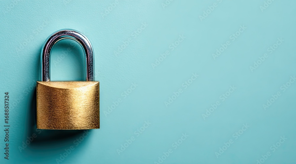 Fototapeta premium A gold padlock with a silver shackle rests on a light teal background, providing ample copy space to the right
