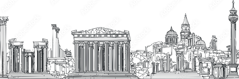 Obraz premium Black and white line art illustration of ancient Greek architecture and ruins including temples and columns