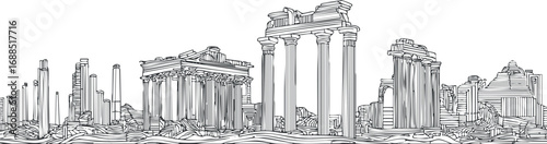 Black and white line drawing of ancient ruins with classical columns and temples representing historic architecture and archaeological heritage