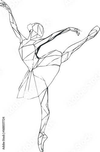 Abstract line art illustration of a ballerina dancer performing an elegant ballet pose on pointe shoes.