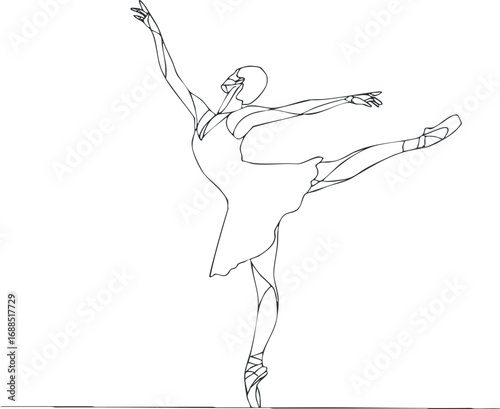 Line art of a ballet dancer in a graceful pose wearing a tutu and pointe shoes on white background