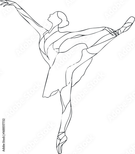 Line art illustration of a graceful female ballet dancer performing an elegant pose in a tutu