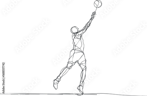 One line drawing of a basketball player jumping and reaching to throw the ball in a game.