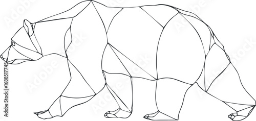 Geometric line art illustration of a walking bear in black and white outline style