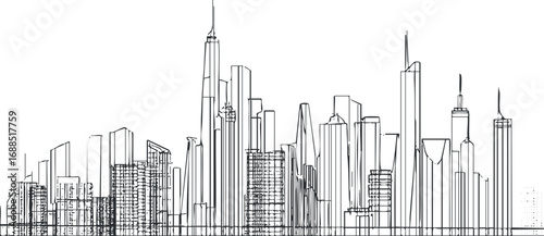 Black and white line art of a modern city skyline with various skyscrapers and buildings
