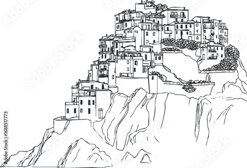 Black and white line art sketch of a village with houses clustered on a rocky cliff hilltop.