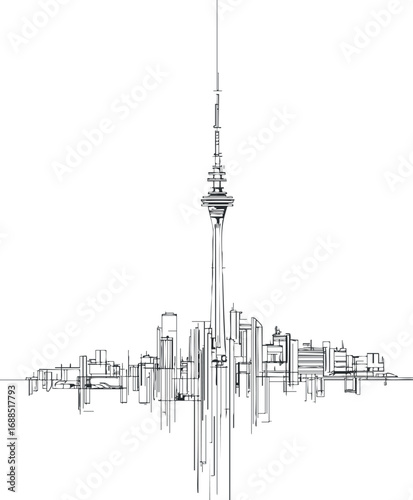Minimalist black and white line art of a city skyline featuring a prominent tall tower and modern buildings.