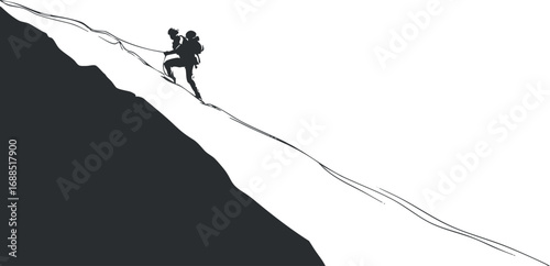 Silhouette of a climber ascending a steep mountain slope using a rope during an outdoor adventure.