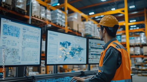 Worker in a Warehouse Analyzing Data on Multiple Monitors