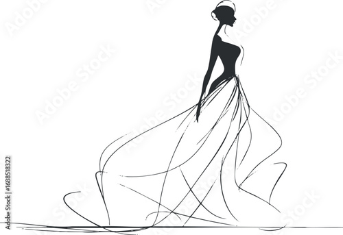 Elegant fashion sketch of a woman in a flowing gown silhouette with minimalist lines