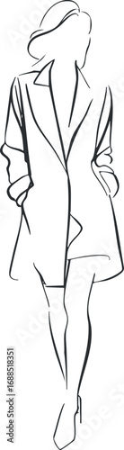 Minimalist line art illustration of a woman wearing a long coat with hands in pockets walking stylishly