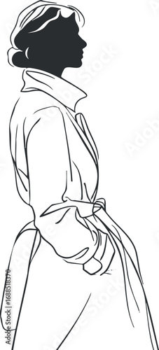 Black and white silhouette of a woman in profile wearing a trench coat with hands in pockets