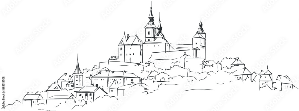 Fototapeta premium Black and white line drawing of a historic hilltop castle with surrounding village and steeples