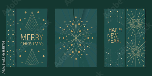 Elegant art deco style christmas and new year greeting cards with gold ornaments and trees
