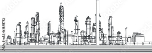 Black and white line art illustration of an industrial refinery plant with chimneys and complex piping system