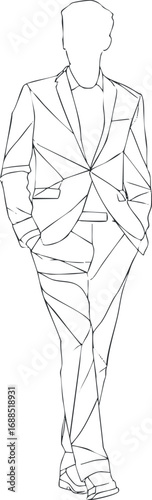Outline sketch of a man wearing a formal suit standing with hands in pockets in a confident pose